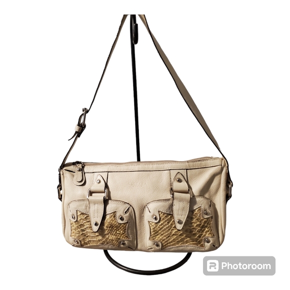 Barbara Milano Cream Snakeskin Print Trim Satchel Shoulder - Picture 1 of 12